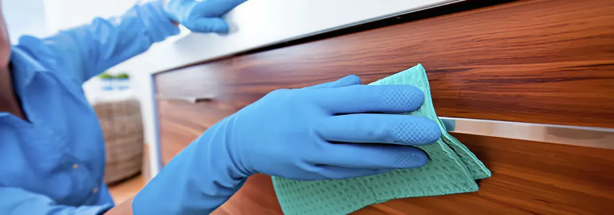 Cleaner wearing blue gloves wiping a wooden cabinet drawer with a microfiber cloth for dust and grime removal, Shreveport, LA.