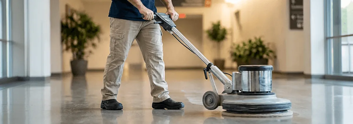 Professional technician using an industrial floor buffer to polish and maintain shiny commercial flooring in a corporate hallway in Shreveport, LA.