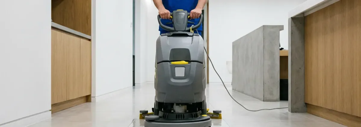 Janitorial staff using a floor scrubber machine to clean a commercial hallway, Shreveport, LA.