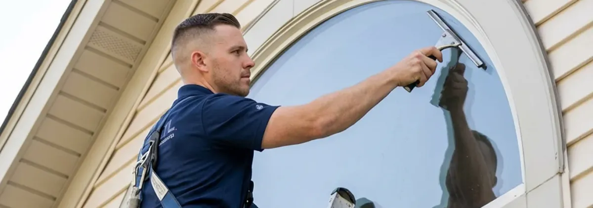 Professional window cleaner using a squeegee to clean an exterior arched window on a home, Shreveport, LA.
